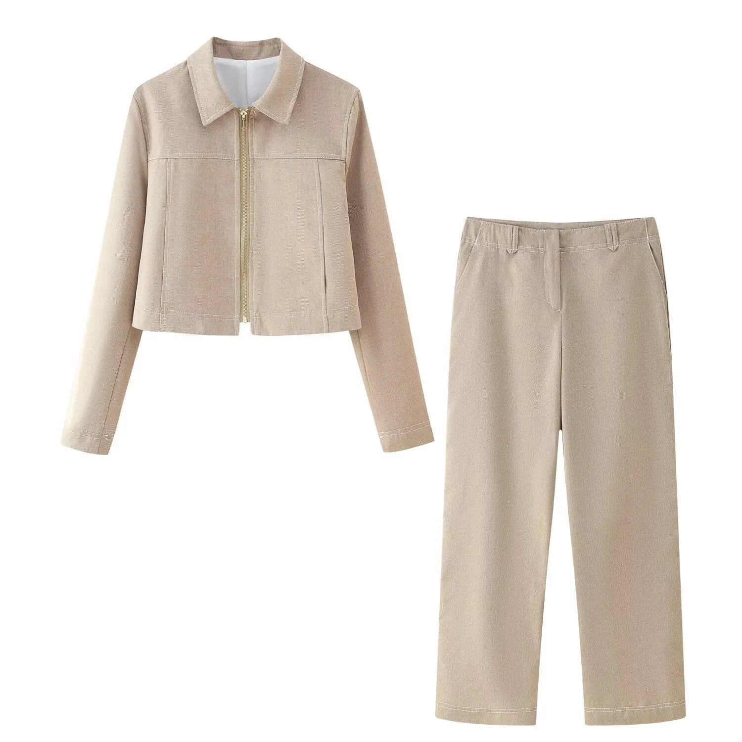 Women's herringbone pattern summer suit with 3D embroidery, jacket and trousers set