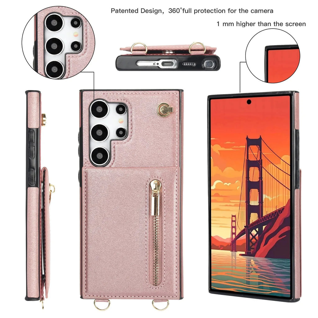 Black leather crossbody phone case with card slots showing Samsung Galaxy phone compatibility