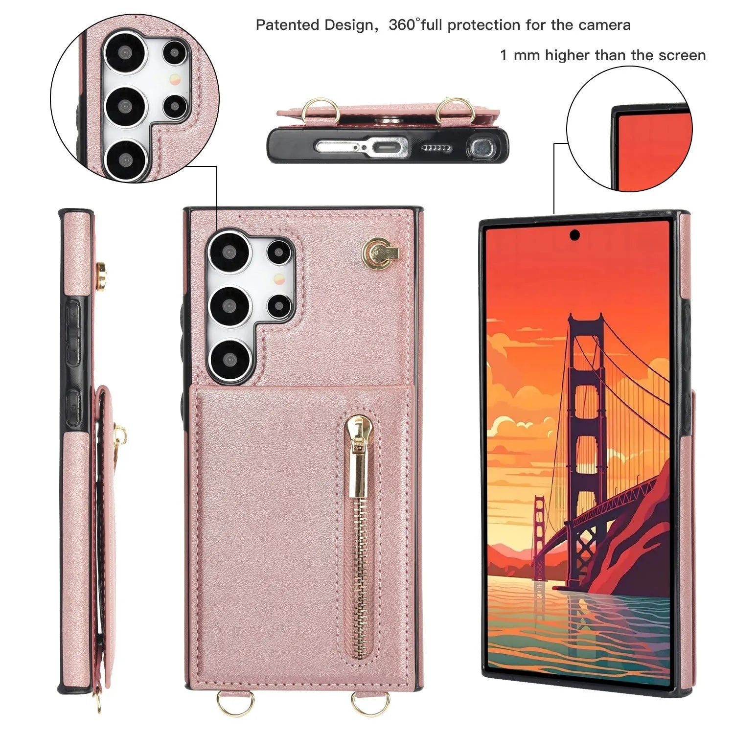 Black leather crossbody phone case with card slots showing Samsung Galaxy phone compatibility