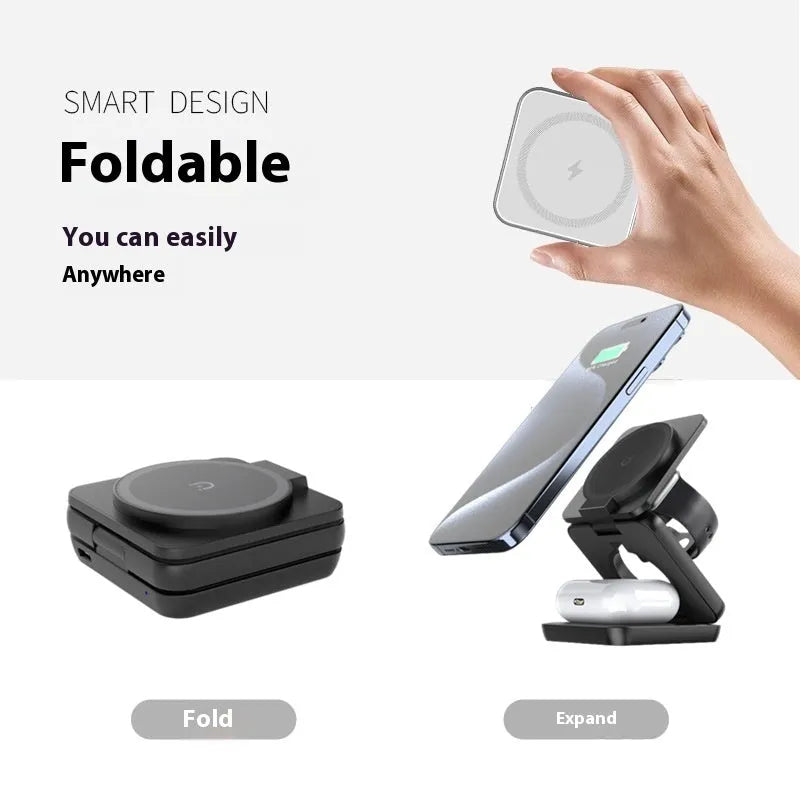 Black foldable magnetic wireless phone charger showing compact 70x70mm design with QC3.0 fast charging