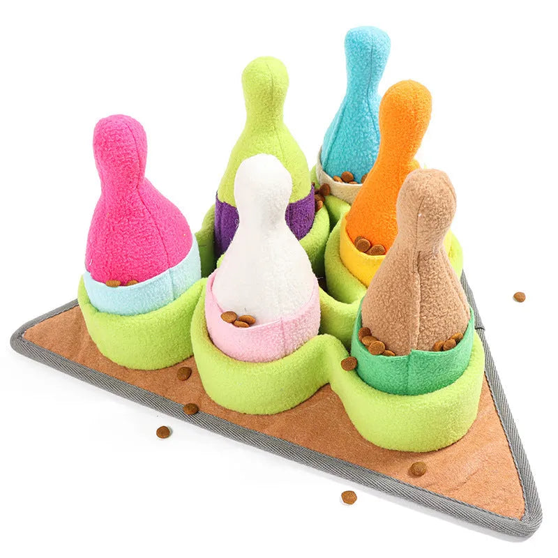 Pet Puzzle Play bowling toy set with sound, made from polar fleece, measuring 34.5 x 34.5 x 18 cm