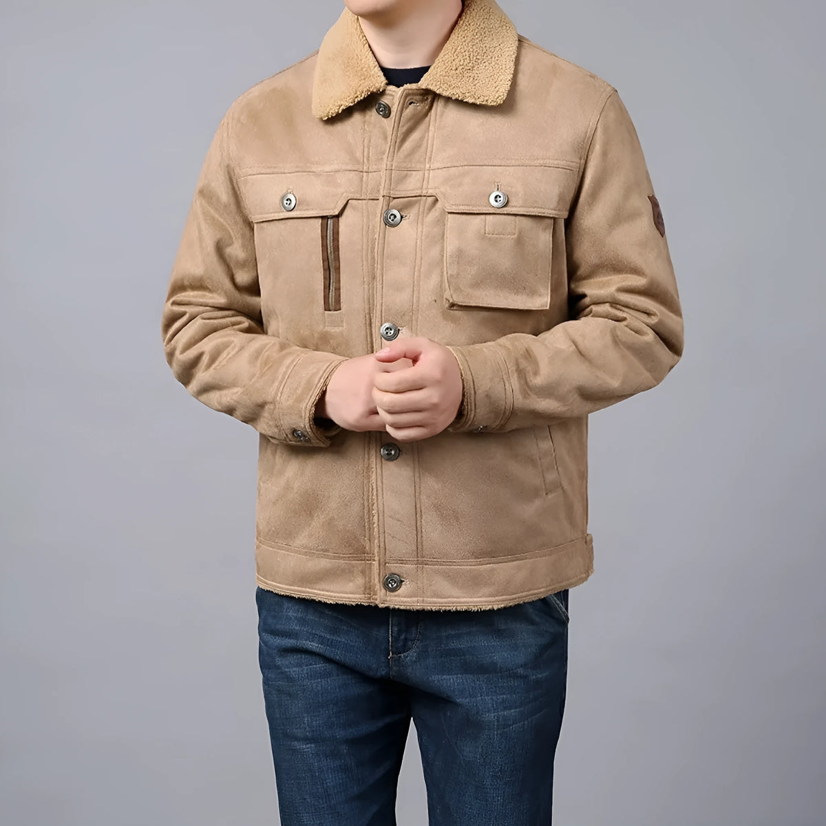 Men's deerskin jacket in khaki colour, polyester fiber with insulation and windproof features, business formal style for autumn winter