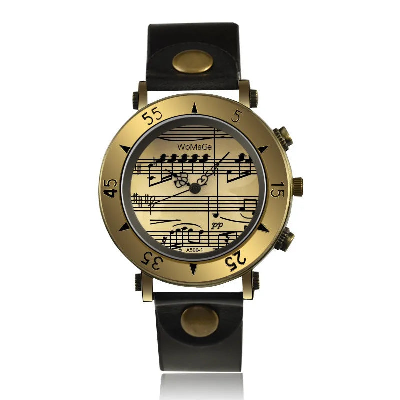 Men's music symbol watch showing design detail and colour options including red, black, brown, white, blue, orange, pink, green, and khaki
