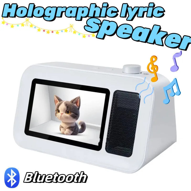 White holographic lyric bluetooth speaker with 5.1 channel sound on a desk
