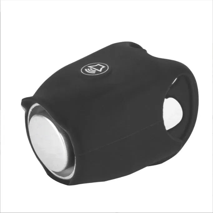 Electronic bicycle horn with plastic housing in six colour options showing compact dimensions for handlebar mounting