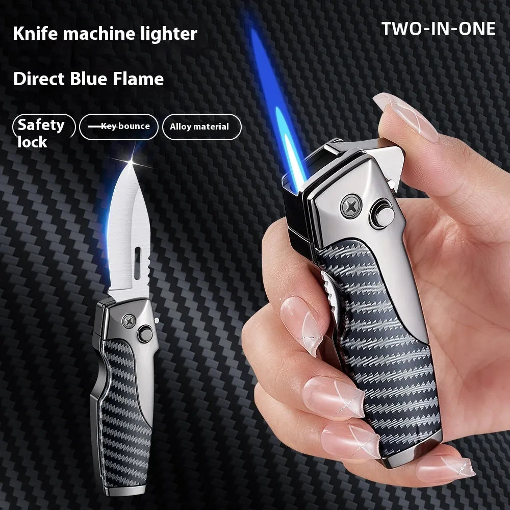 Metal folding lighter tool with integrated knife, shown in a selection of carbon fibre, camouflage, and wood grain finishes.