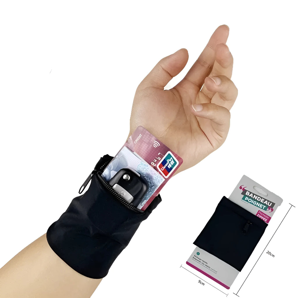 Wrist bag armband sleeve showing 10cm by 10.5cm phone compartment and protective packaging.
