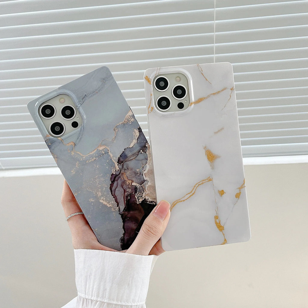 Square gilt marble silicone straight edge phone case with marble print in grey gold colour