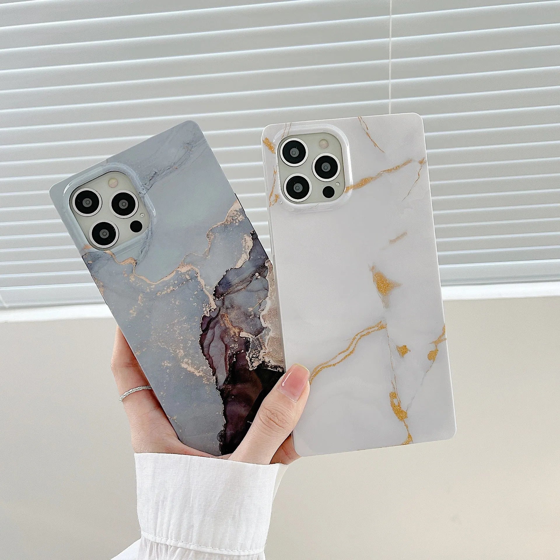 Square gilt marble silicone straight edge phone case with marble print in grey gold colour