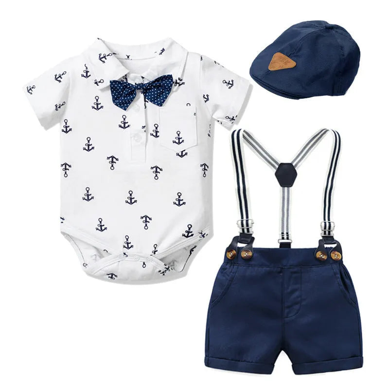 Baby boy wearing cotton gentleman print romper with triangle climbing design in blue colour
