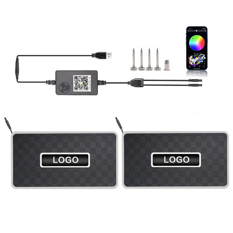 Car foot mat ambient light with Bluetooth RGB and acrylic leather panel showing plaid pattern