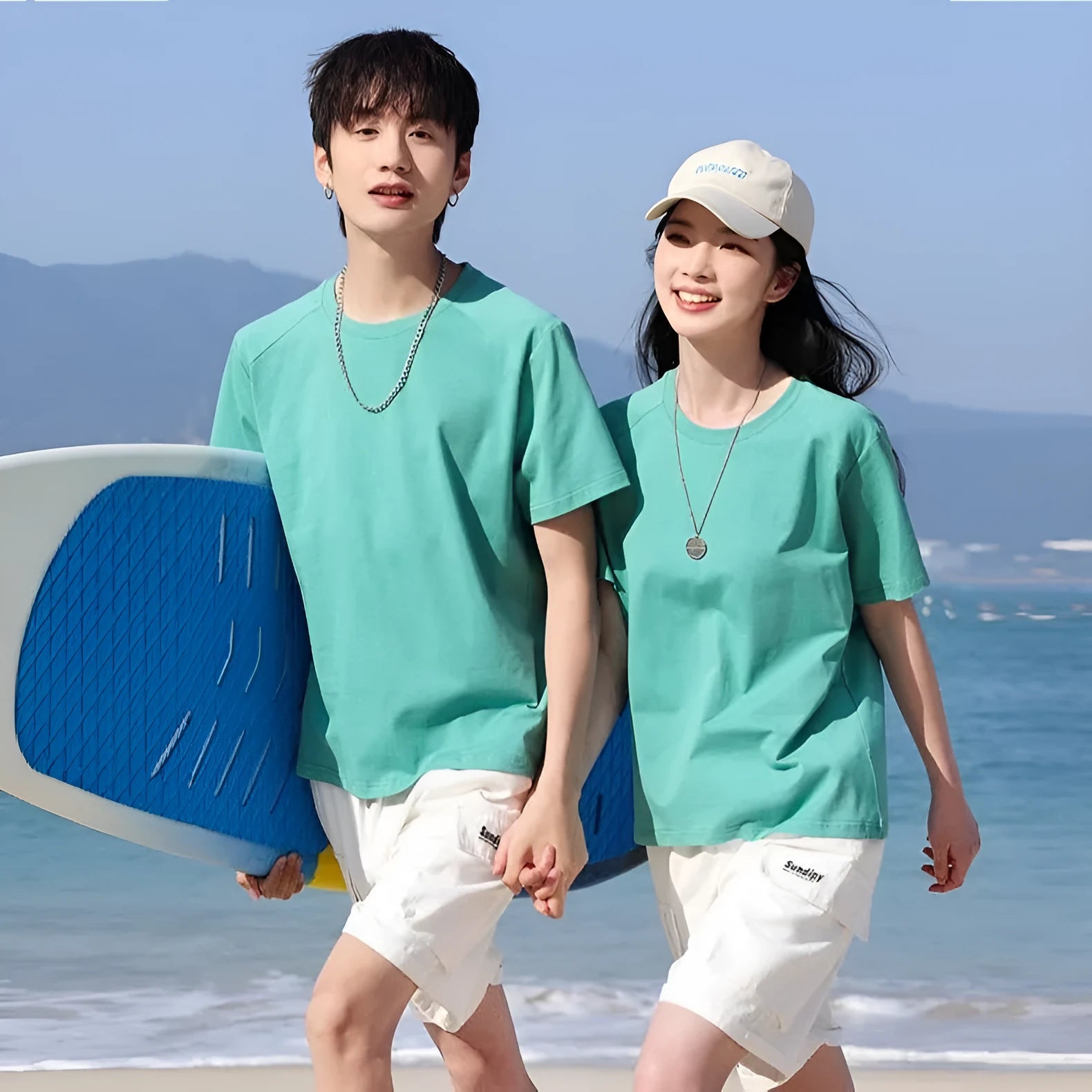 Men's straight cut short sleeve pure cotton T-shirt on a hanger in a solid colour.