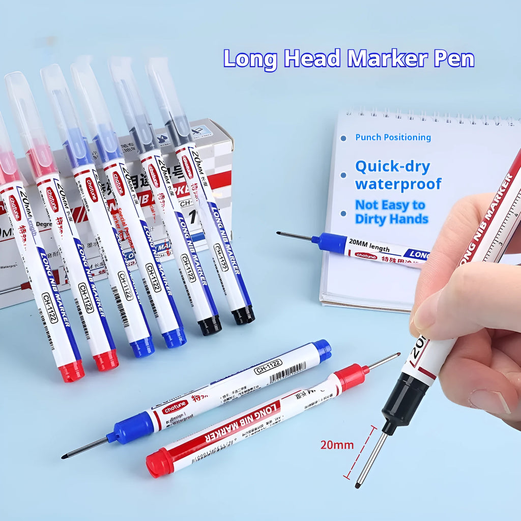 Pack of ten waterproof quick-drying woodworking tile markers with 20mm long pen heads in black, red, and blue