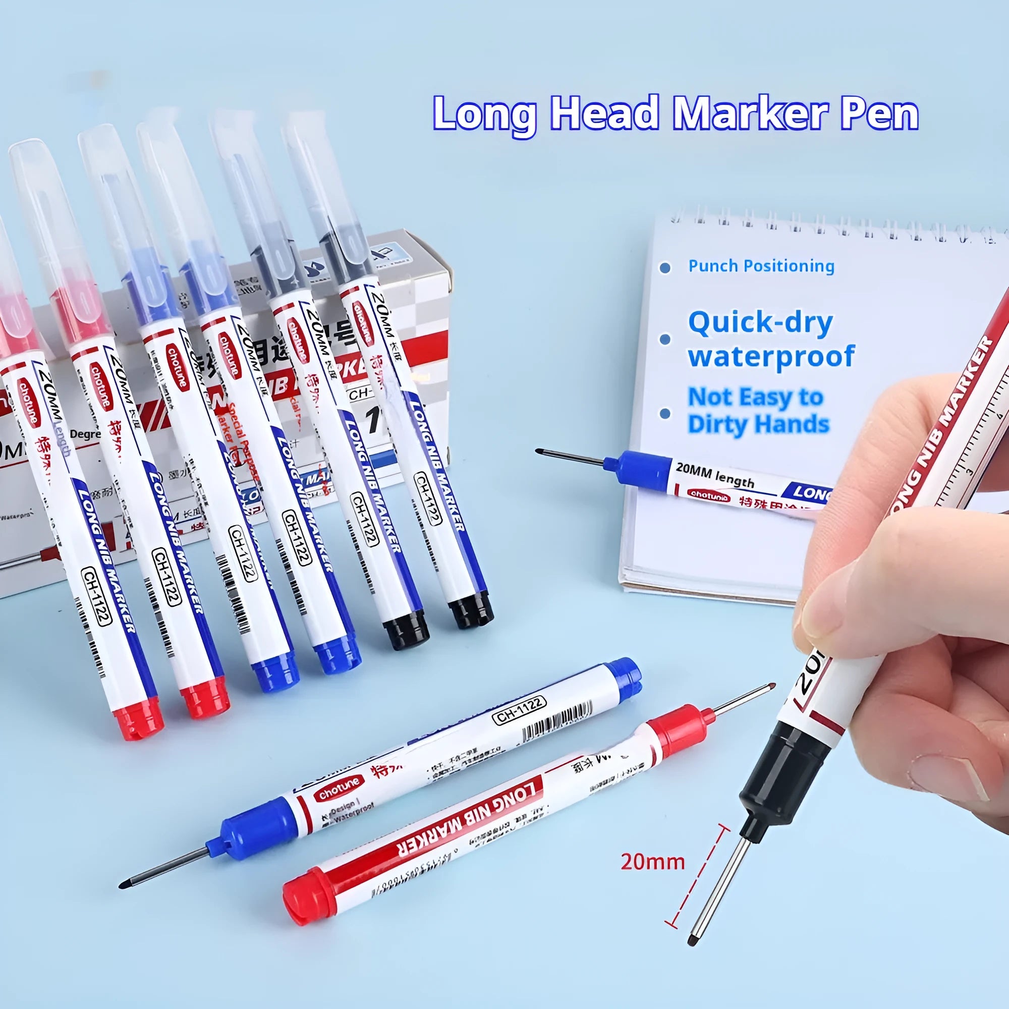 Pack of ten waterproof quick-drying woodworking tile markers with 20mm long pen heads in black, red, and blue