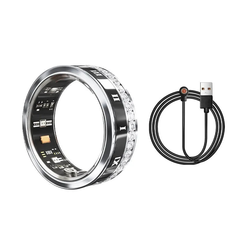 Silver and gold diamond smart rings for blood oxygen monitoring on a finger