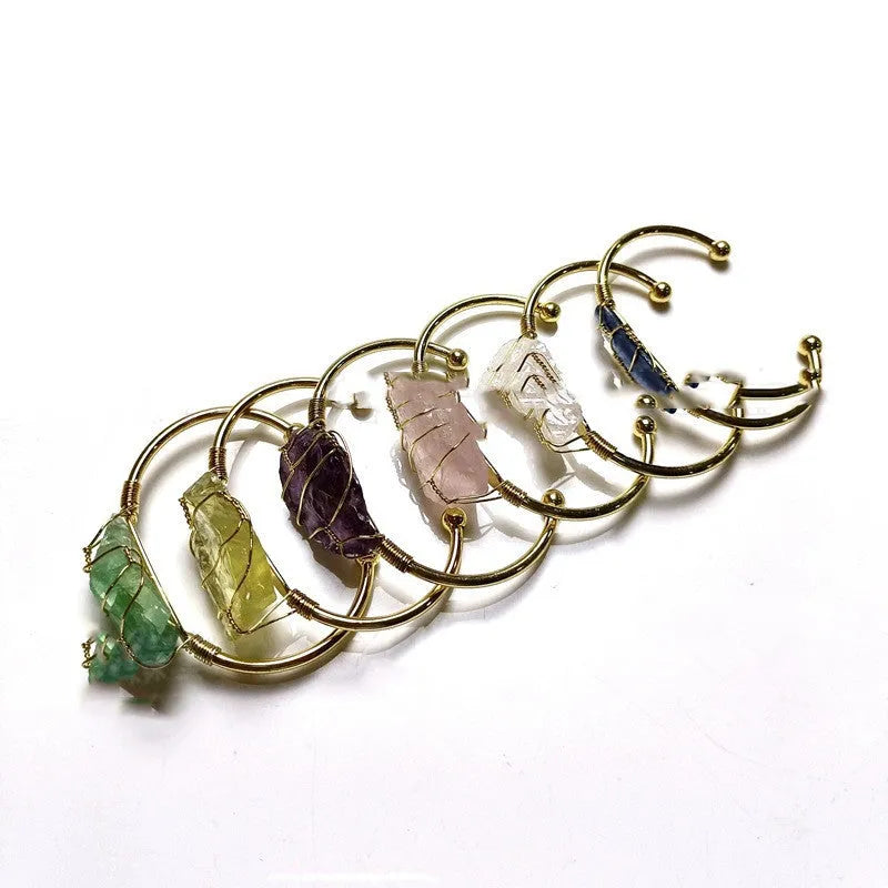 Geometric natural crystal rough stone bracelet with gold winding metal details