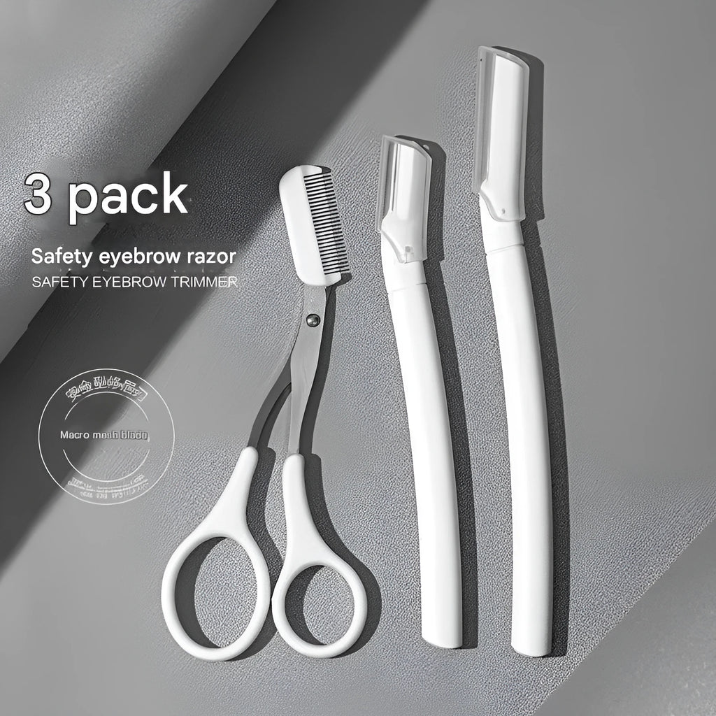 Eyebrow trimming tool set with safety guard and protective blade cover for home grooming