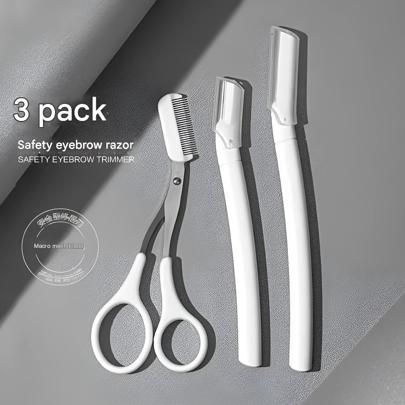 Eyebrow trimming tool set with safety guard and protective blade cover for home grooming