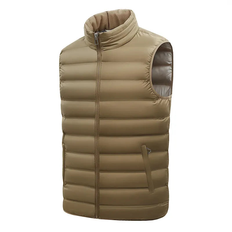 Men's thin cotton-padded vest with stand-up collar, zipper pockets, straight hem, available in black and other colours