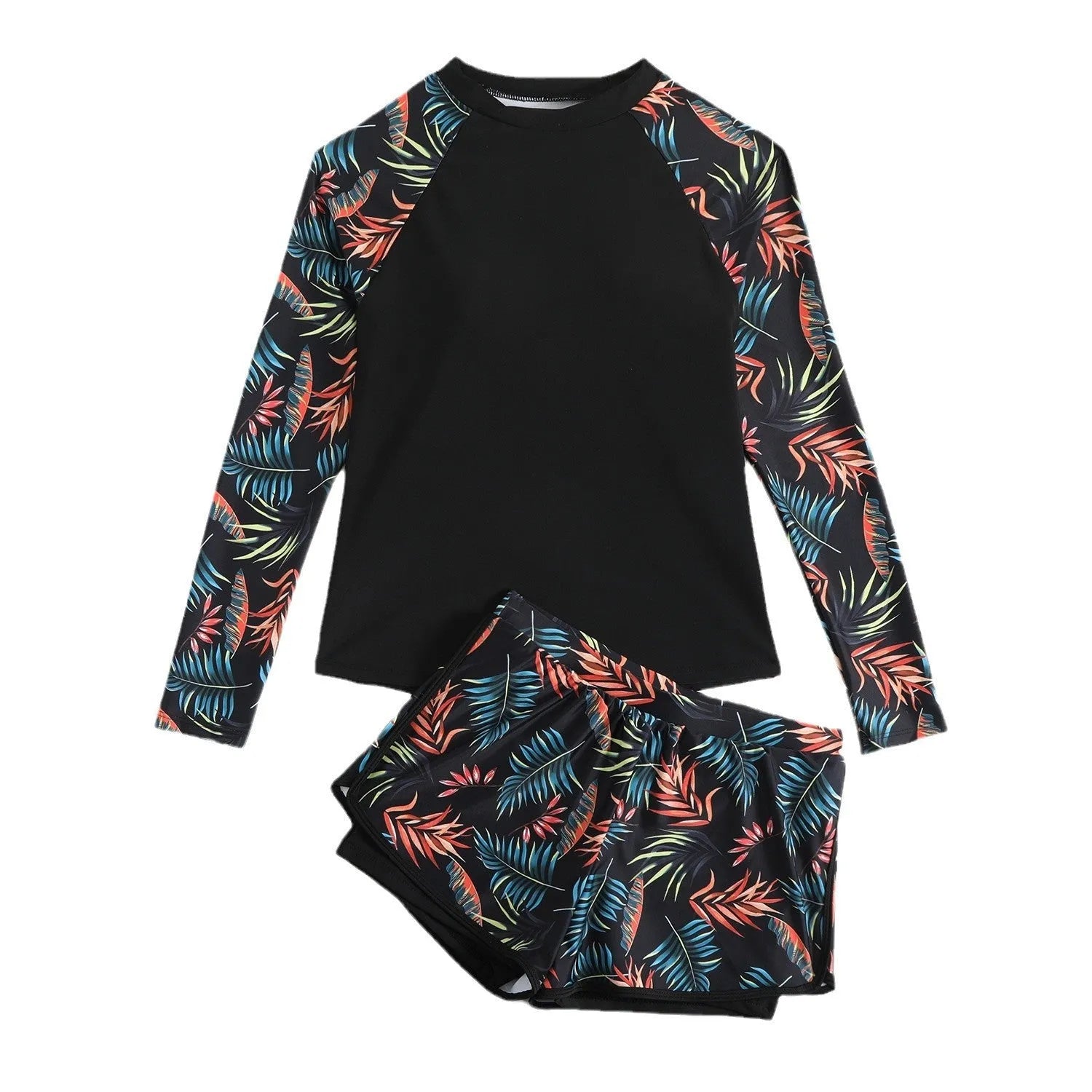 Printed stitching women's split tankini swimsuit in Orange Blue Leaves polyester, top and briefs set