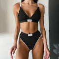 Women's embroidery contrast colour binding letters bikini set in black sleeveless design