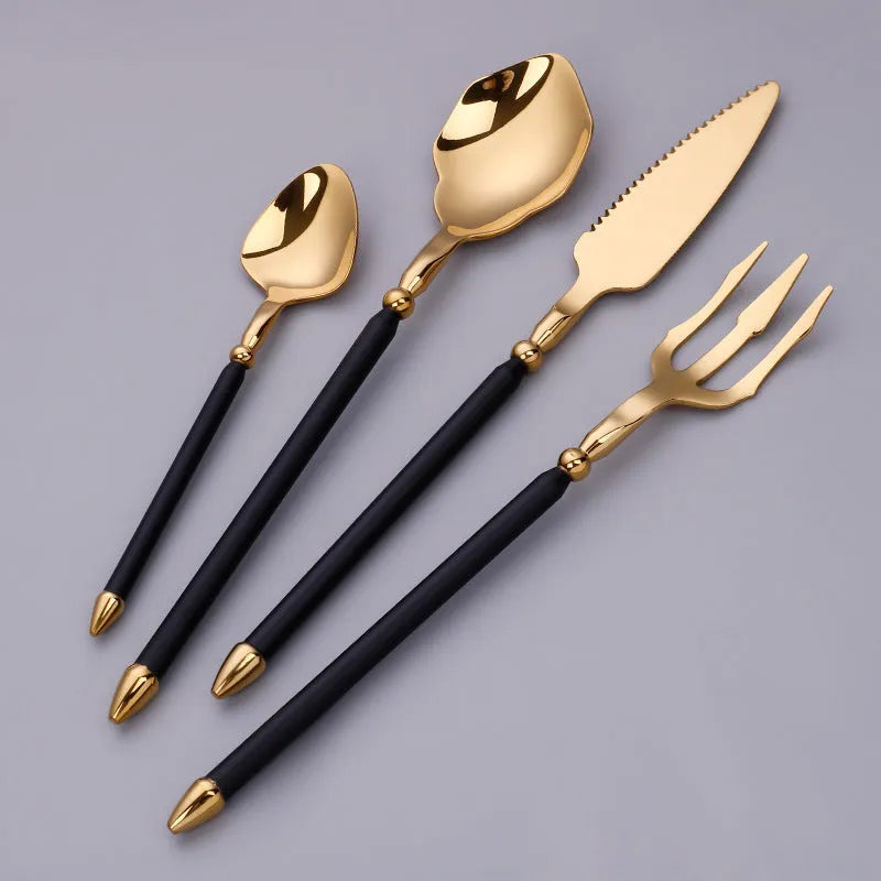 Stainless steel 4-piece cutlery set with knife, fork and two spoons in green gold, blue gold, black gold, white gold, natural, gold or rose gold.