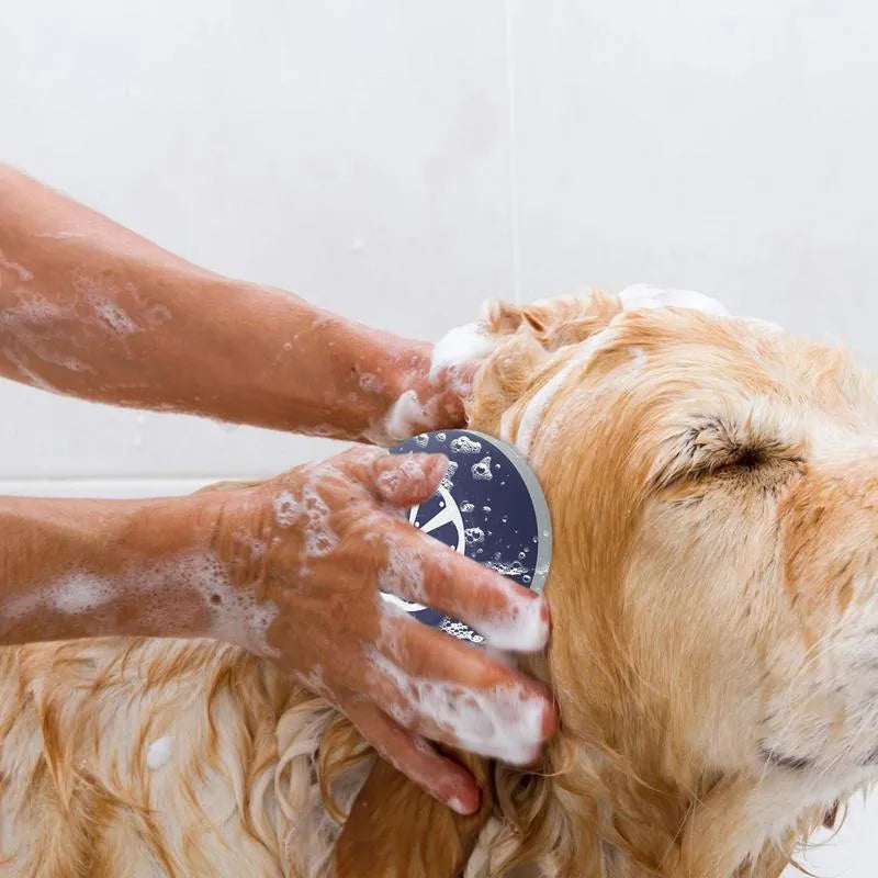 Blue 3-in-1 dog shampoo brush with rounded massage points for washing and grooming