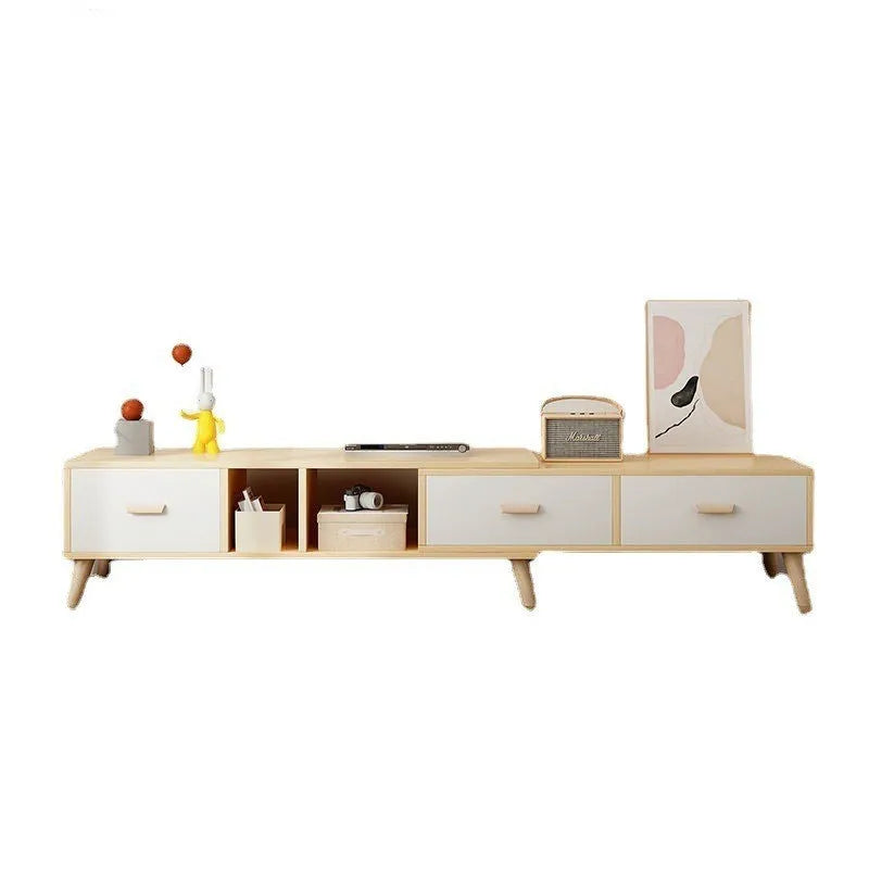 Retractable electric TV cabinet in Pastoral Oak Warm White, size 198cm, for small apartment living room