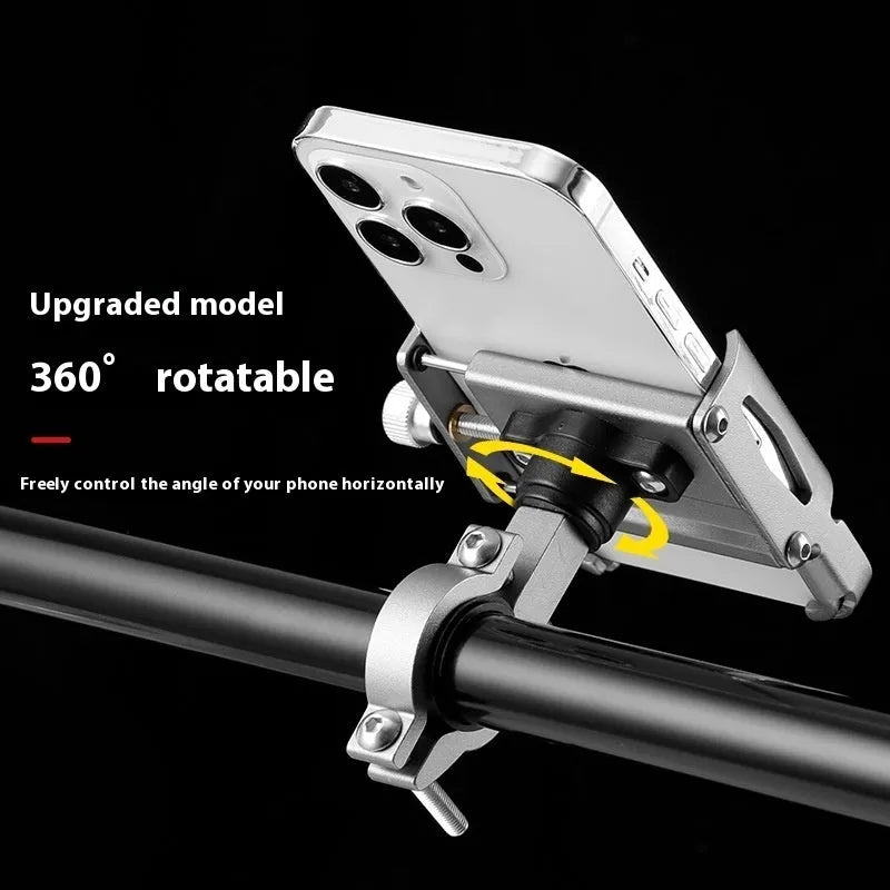 Aluminium alloy mobile phone holder mounted on a bicycle handlebar in black colour.