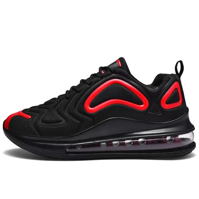 Men's black casual sneakers with lace-up front and a thick air cushion sole.