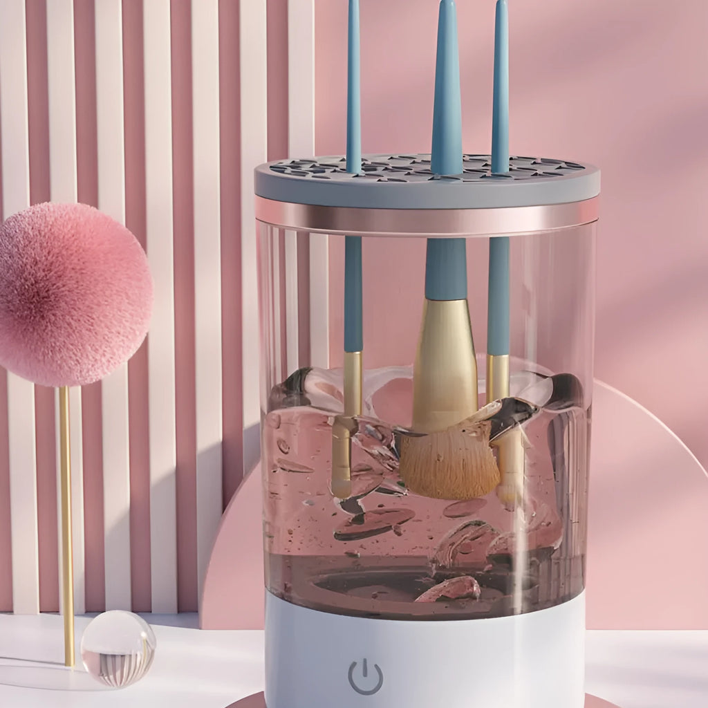 Grey and white electric makeup brush cleaning device with USB charging port