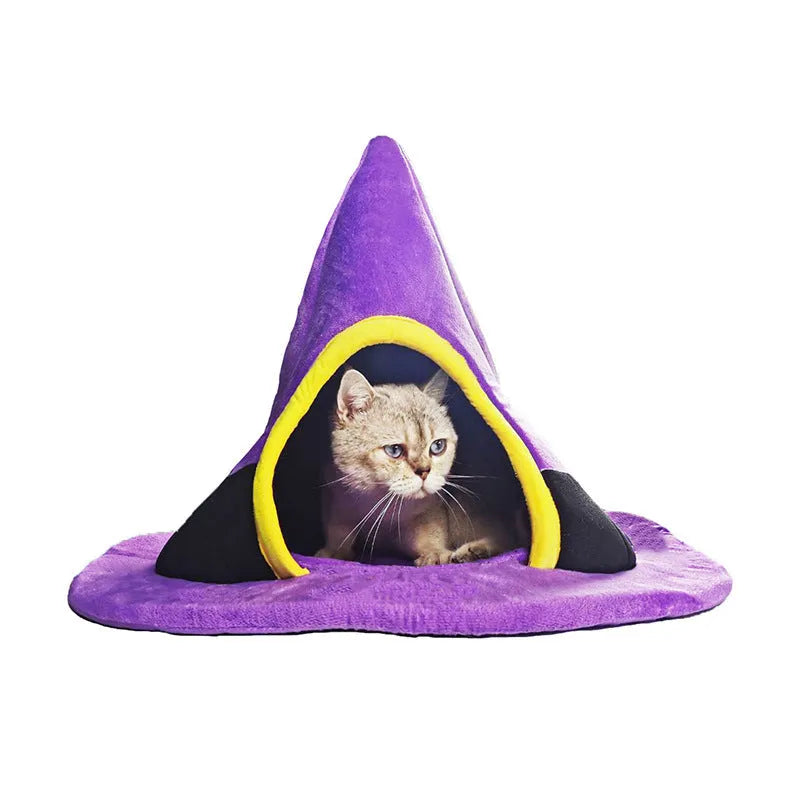 Purple cloth Halloween witch hat shaped cat bed for cats, measuring 60 by 45 centimetres.