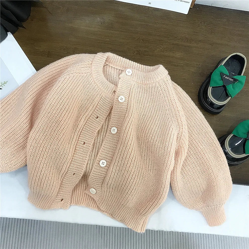 Girls' pink mohair puff sleeve knitted cardigan and orange chiffon dress set, Korean style, sizes 90cm to 140cm