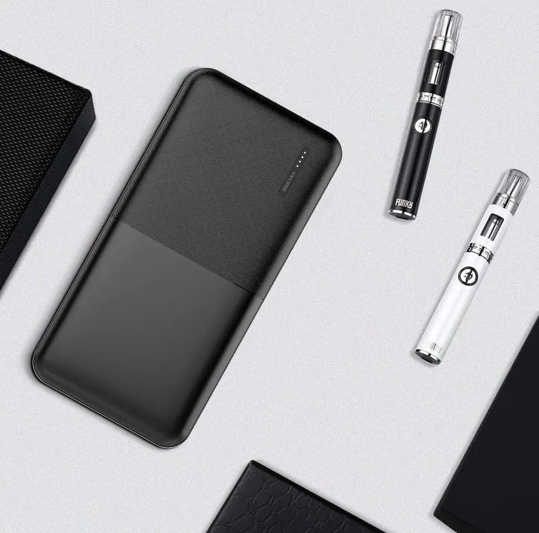 20000mAh black or white power bank with multiple USB ports measuring 140x69x26mm