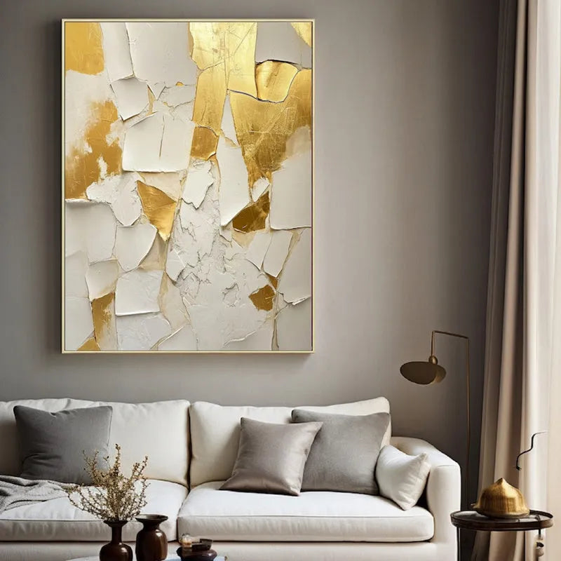 Handmade golden and white abstract oil painting on canvas, vertical orientation, no frame