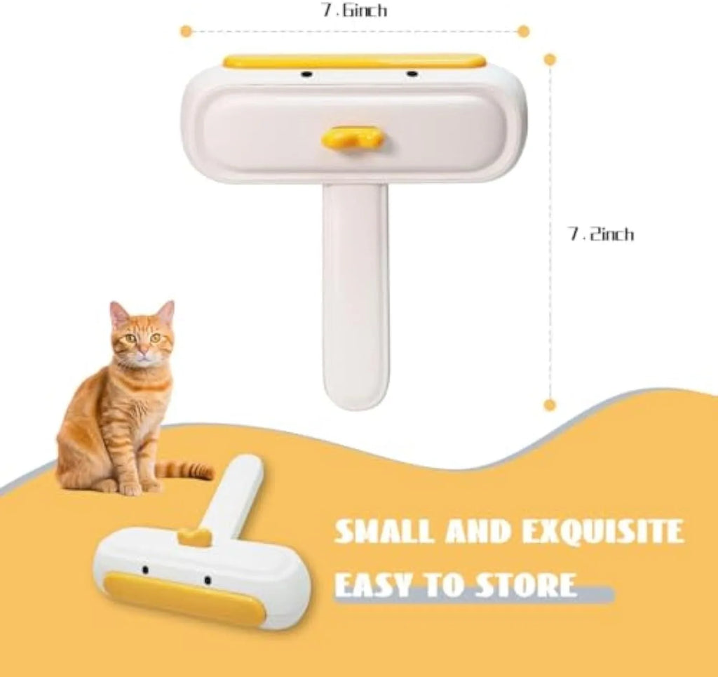 White portable pet hair remover brush with yellow duck cartoon design and polyester bristles.