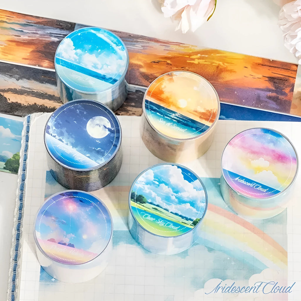 Japanese paper decorative tape roll with sky-themed designs including colourful clouds and purple nebulae