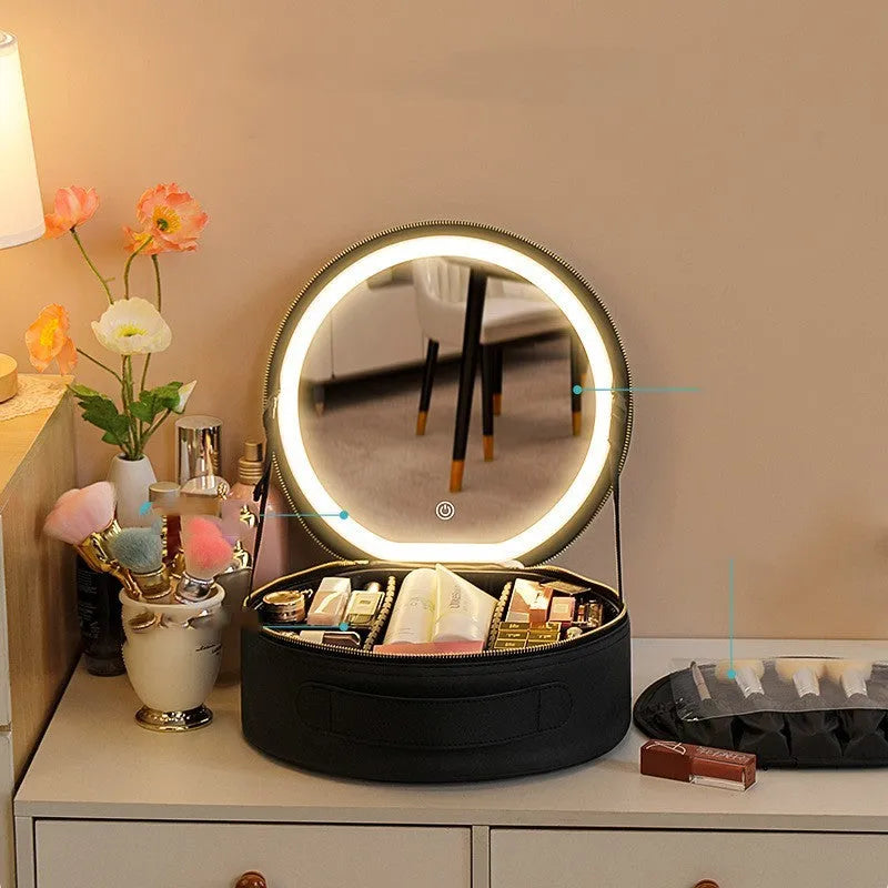 Round cherry blossom pink PU leather makeup bag with built-in LED mirror and internal partitions.