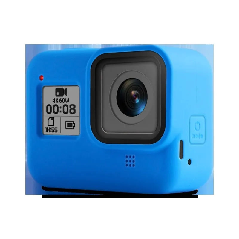 GoPro Hero 8 Black camera with blue silicone protective sleeve and attached wrist strap.