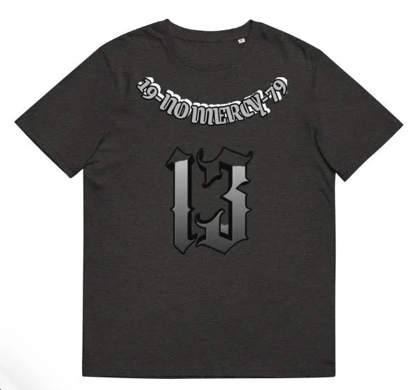Man wearing a black t-shirt with a 3D digital print design on the front.