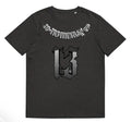Man wearing a black t-shirt with a 3D digital print design on the front.