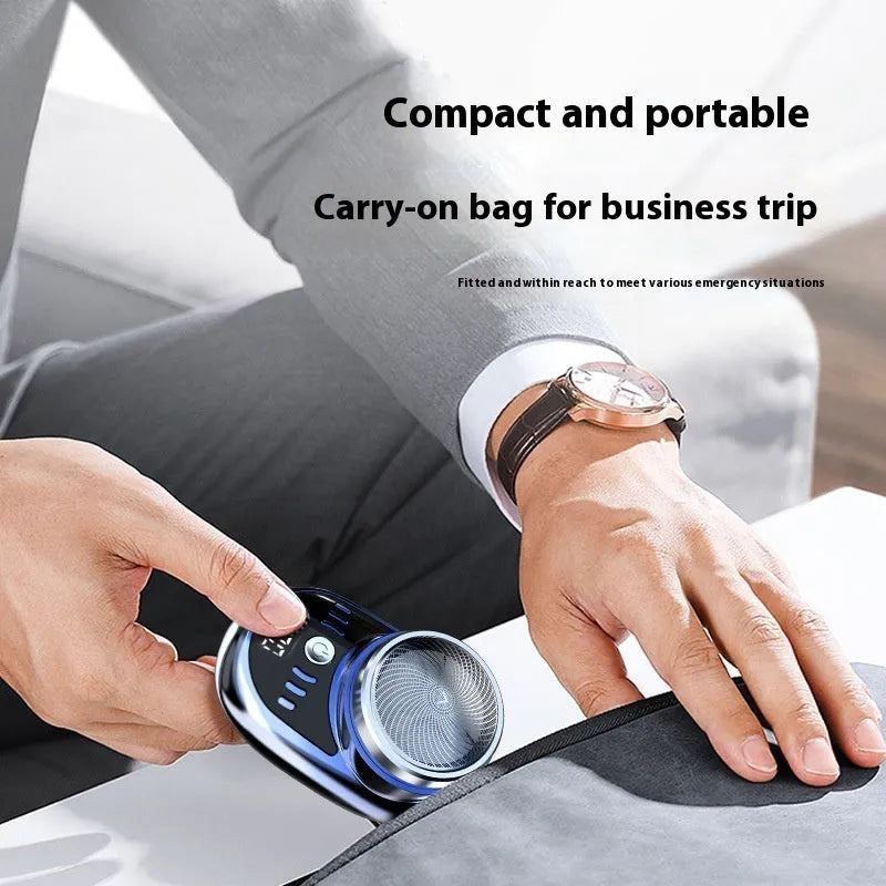 Mini electric shaver for men, black with LED digital display, removable cutter head, and USB charging cable