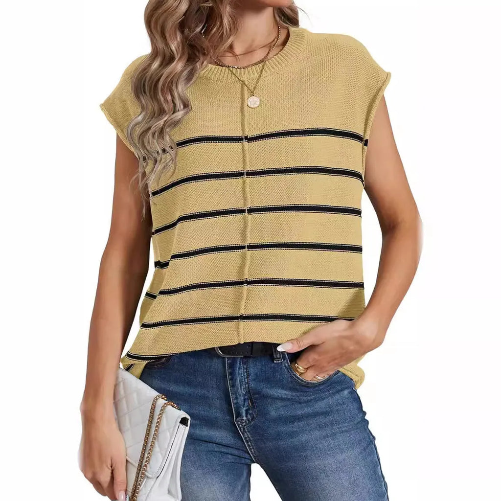 Women's striped sleeveless pullover vest top in apricot colour with bone stitching detail.