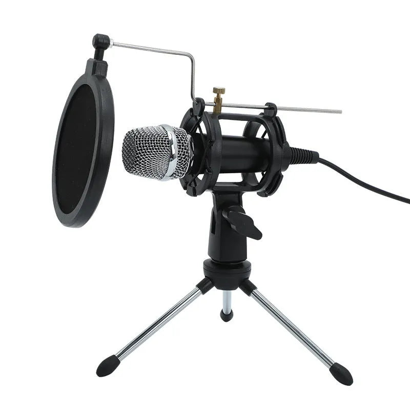 Black condenser microphone on aluminium stand with 3.5mm and USB cables for mobile and computer broadcasting