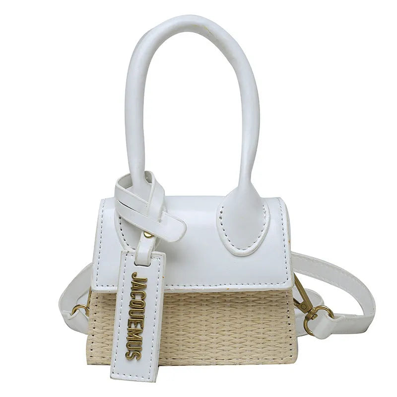 Women's woven PU crossbody bag in white, black or orange with single strap, 12cm wide, 10cm high and 6cm thick