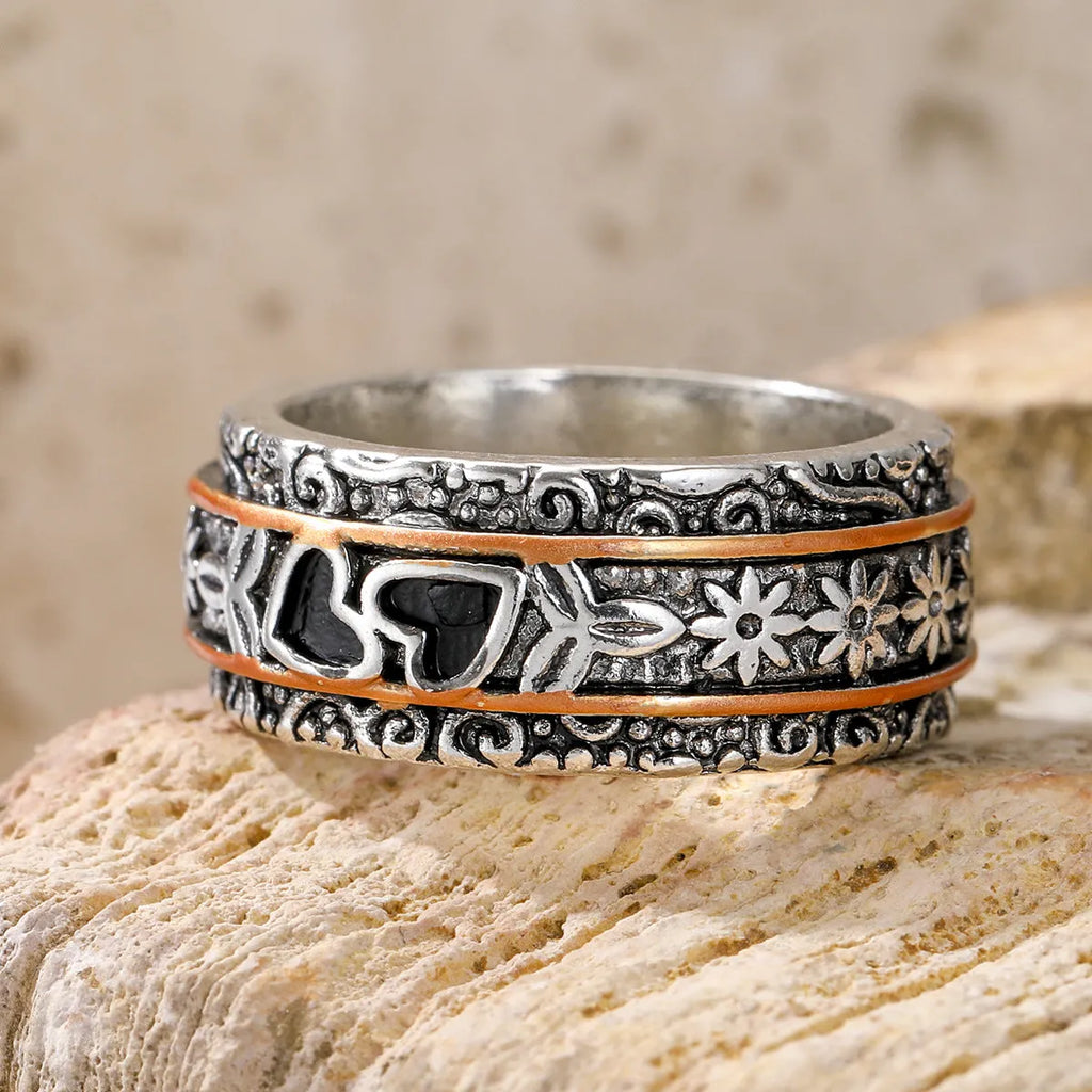 Silver women's personality love wide noodle ring on white background, size option visible
