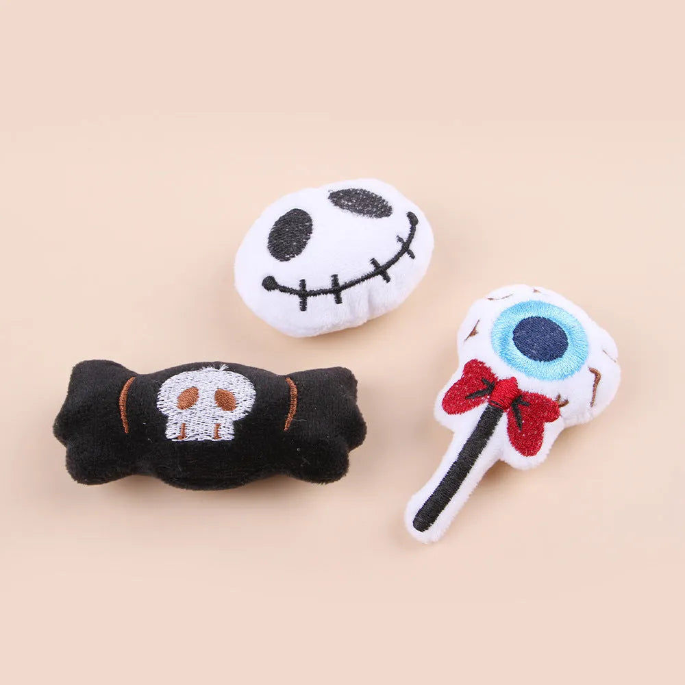 Small plush cat teaser wand with colourful candy design dangling attachment