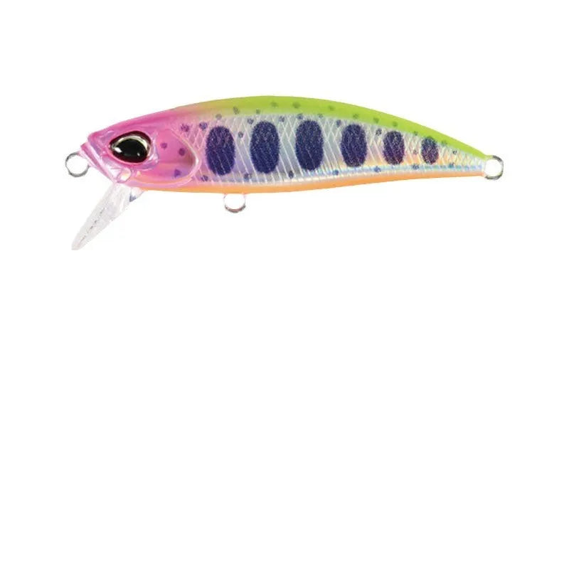 Hard plastic minnow fishing lure measuring 48mm, shown in one of 14 available colours, with integrated hook hangers.