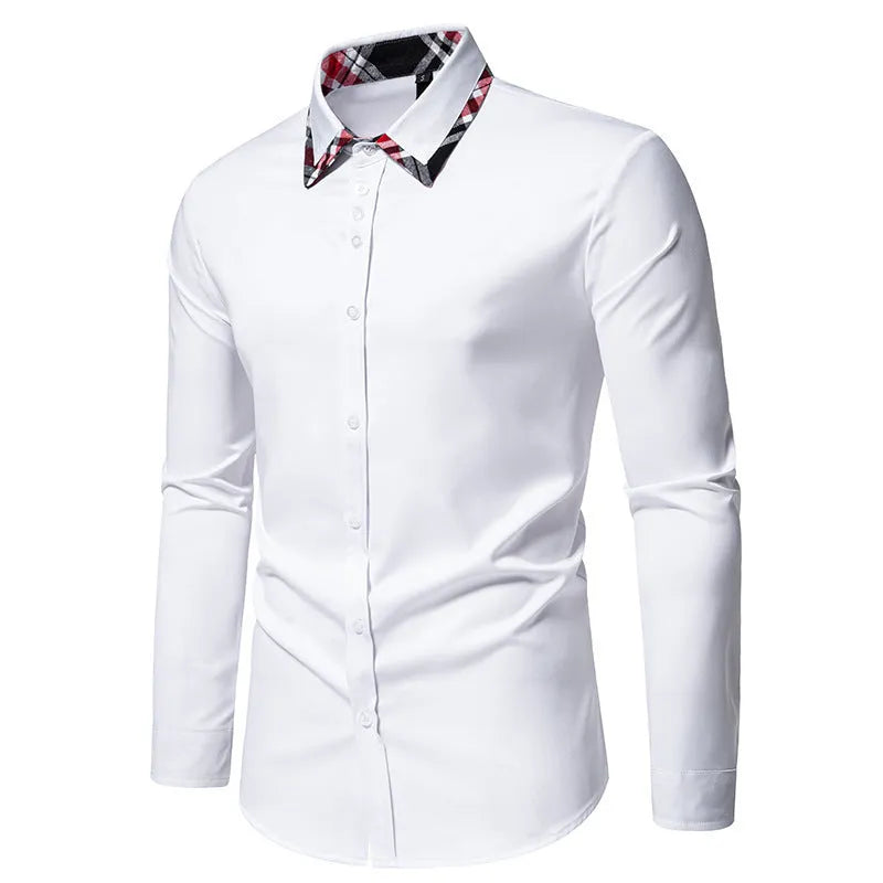 Men's blue plaid contrast long-sleeve shirt with a triangle collar, laid flat.