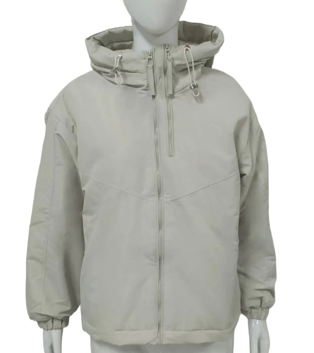 A woman's loose-fit hooded jacket in solid-colour polyester, shown in grey.